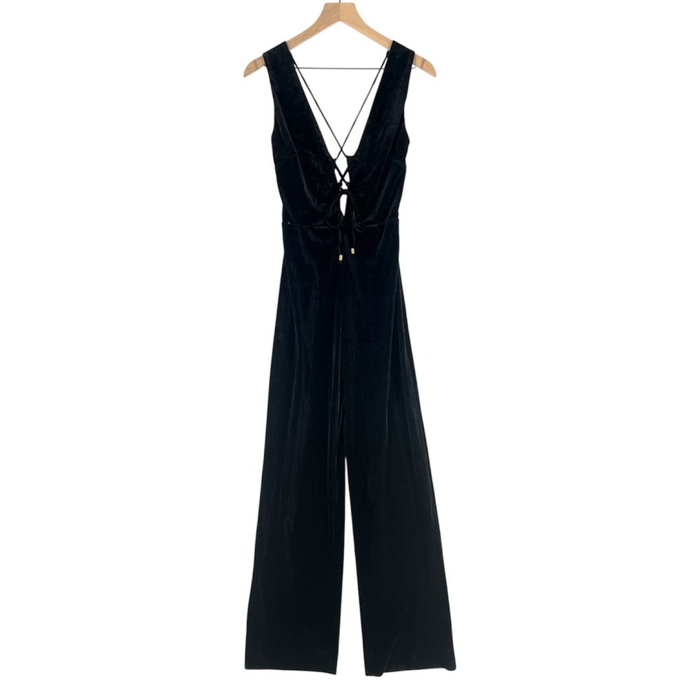DO+BE Black Stretch Velvet Strappy Lace Up Deep V-Neck Sleeveless Jumpsuit S